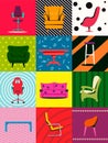 Colorful set of furniture. Armchairs, chairs, tables. Furniture advertising. Vector illustration.